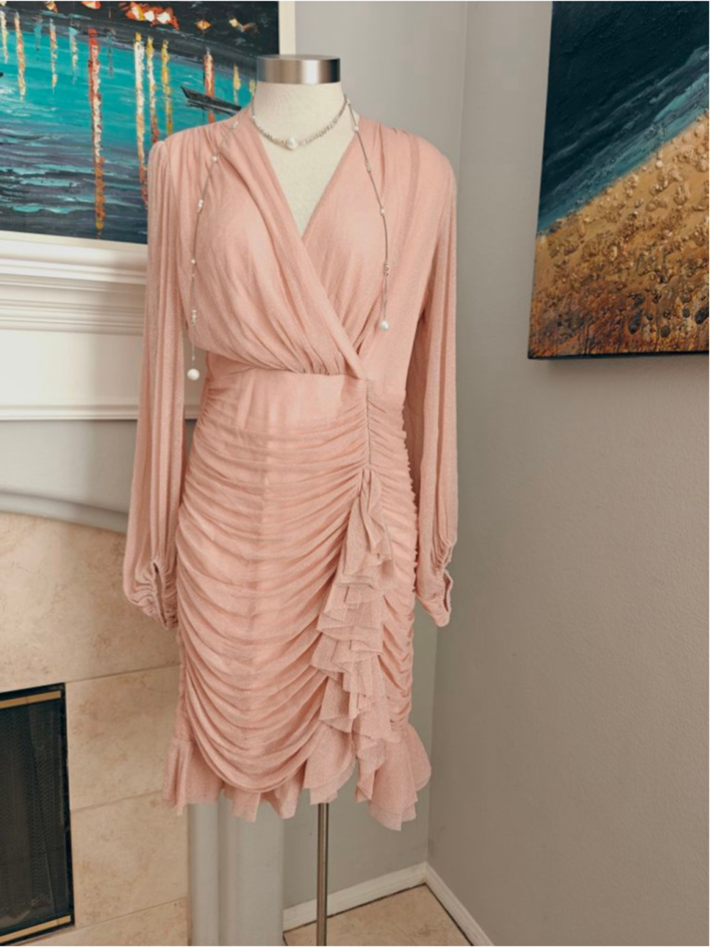 Women's ANANY Pink Long Sleeve Ruched Ruffle Mini Dress - Picture 3 of 10